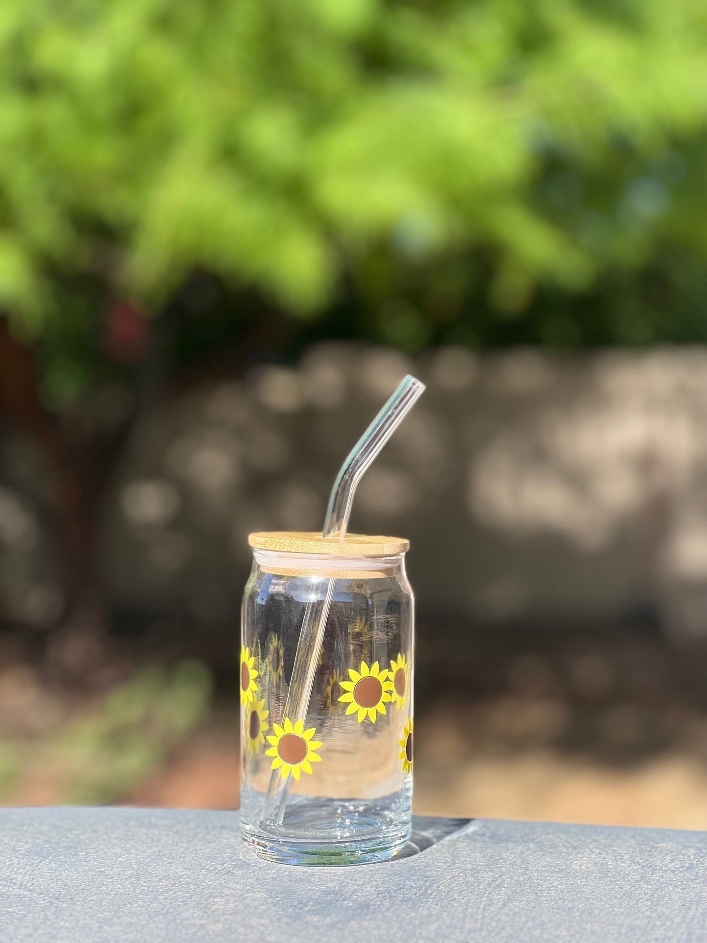 Sunflower 16oz Libby glass with bamboo top and glass straw