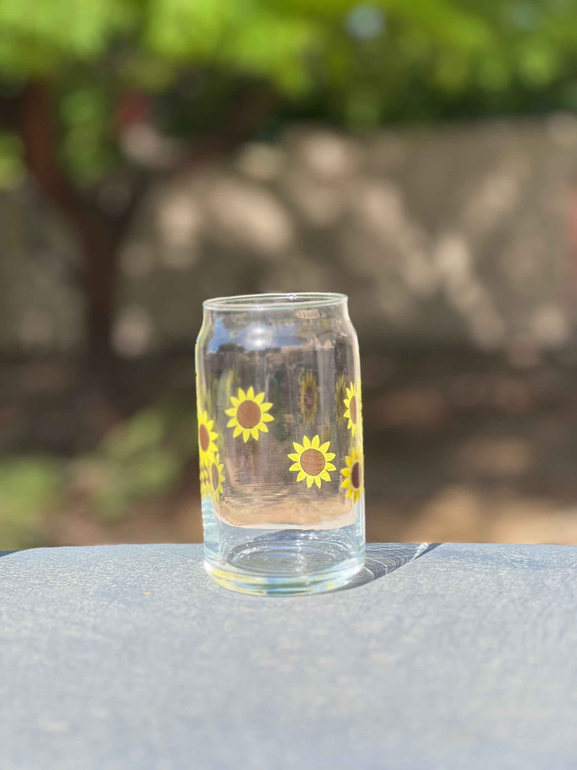 Sunflower 16oz Libby glass with bamboo top and glass straw