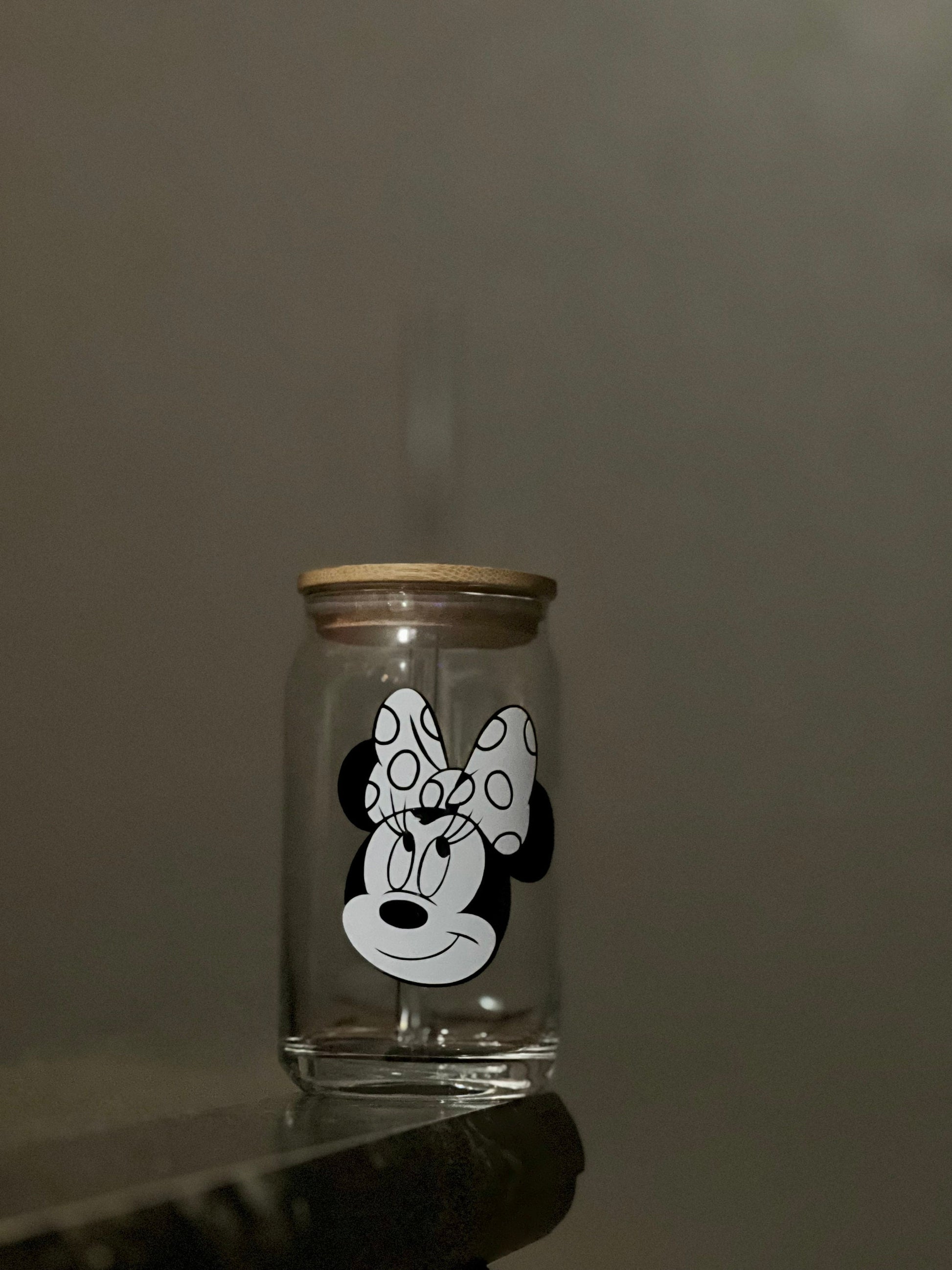 Disney Minnie Mouse 16oz Libby glass with bamboo top and glass straw