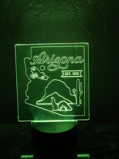 Custom U.S State Outline LED Acrylic Night Light with Base changing colors and remote